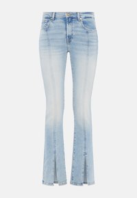 Jeans svasati in denim azzurro chiaro con sfumature a gradient, dotati di orli anteriori con spacco, cuciture a punto e un classico design a cinque tasche.