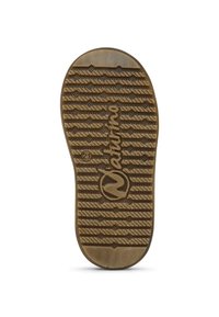 Gummisula i brunt, med en logotyp och texturerat mönster med horisontella och diagonala rännor för grepp och dragkraft.