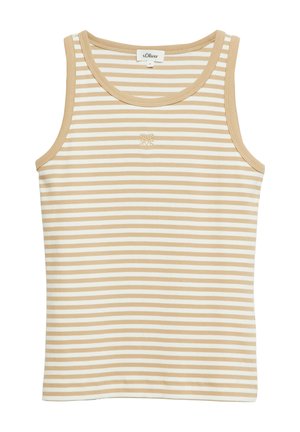 Ärmelloses, beige-weiß horizontal gestreiftes, geripptes Tanktop mit rundem Ausschnitt und kleinem gesticktem Logo auf der Brustmitte.