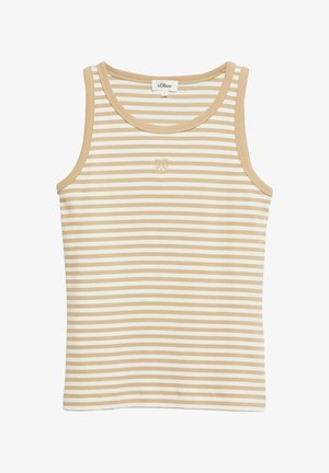 Bezrękawnik w beżowo-białe poziome paski, prążkowany, z okrągłym dekoltem i małym wyhaftowanym logo na środku klatki piersiowej.