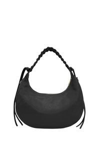 Sac à main en cuir noir avec poignée tressée, forme arrondie, texture lisse, fermeture éclair latérale et accents de pompons sur les anses.