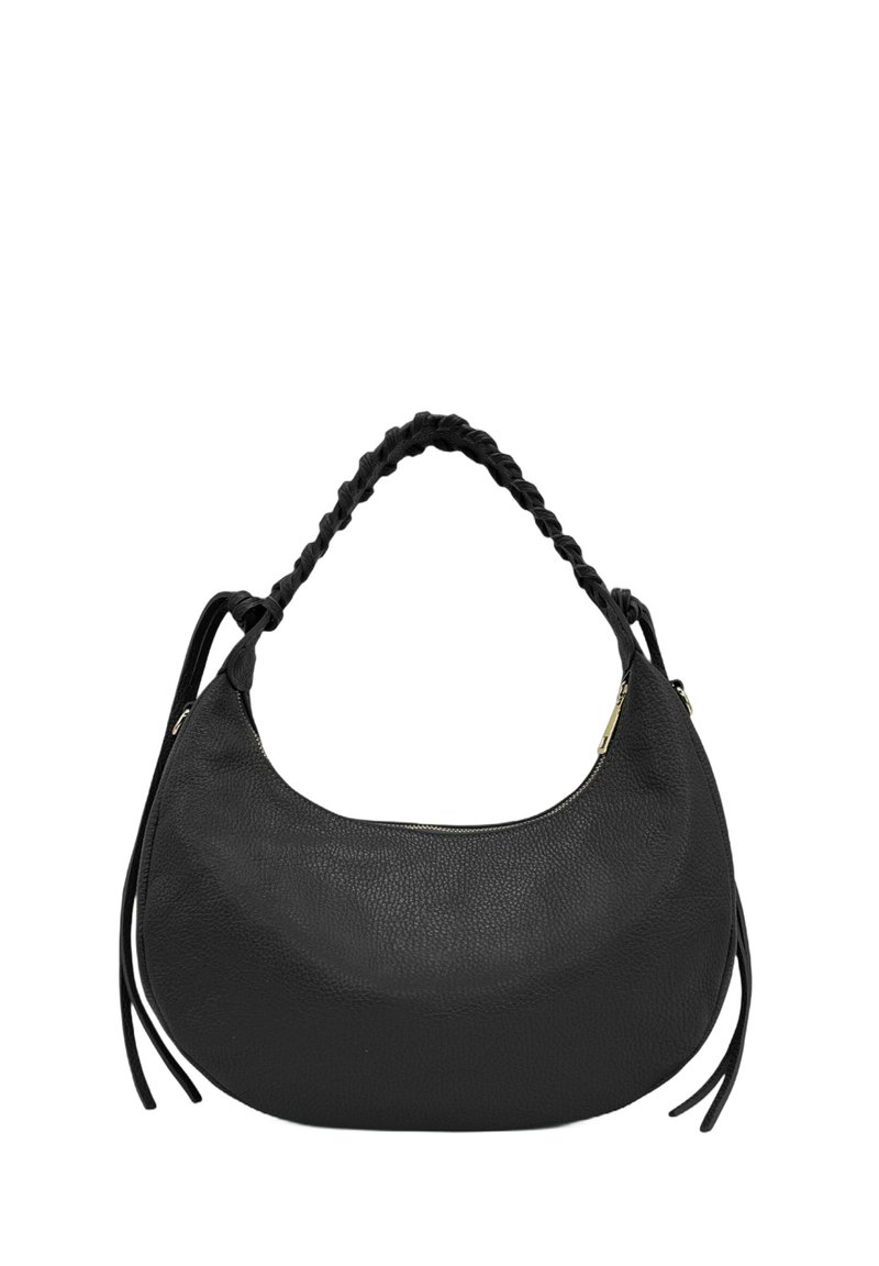 Sac à main en cuir noir avec poignée tressée, forme arrondie, texture lisse, fermeture éclair latérale et accents de pompons sur les anses.