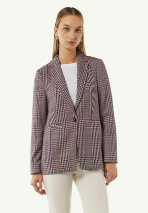 Karierter Blazer in Lila-, Rosa- und Beigetönen; mit einem Knopf, zwei vorderen Taschen und einem Reverskragen; taillierte Passform.