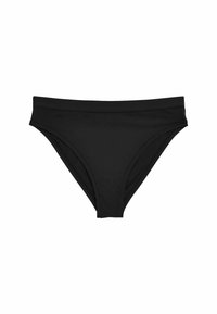 Zwarte bikini slipjes van glad, elastisch materiaal. Heeft een lage taille en biedt gemiddelde bedekking, met schone randen en geen zichtbare hardware.