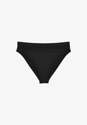 Culotte de bikini noire en tissu lisse et extensible. Présente une taille basse et une couverture modérée, avec des bords nets et sans matériel visible.