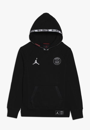Czarna bluza z kapturem z logo Paris Saint-Germain i Jordan, kieszeń kangura oraz napisem "PARIS" na obszyciu kaptura.