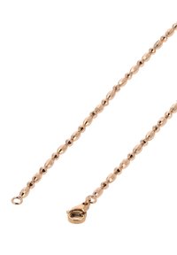 Roségoldene Gliederkette mit abwechselnd glatten und facettierten Perlen, mit einem Karabinerverschluss an einem Ende.