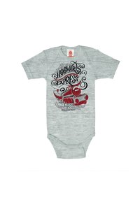 Grau meliertes Baby-Bodysuit mit einem bunten Grafikdesign eines roten Zuges, "Hogwarts Express", und dekorativen Textakzenten.
