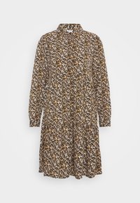 Brown long-sleeve dress with a floral pattern in white and yellow. Features a collar and a loose fit, with a flared skirt design.