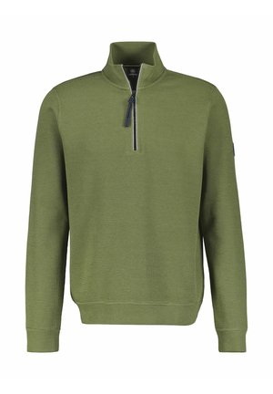 Grøn pullovertrøje med halv lynlås, ribbet tekstur og lange ærmer. Har et logo-patch på venstre ærme.