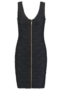 Černé džerzevové šaty s výstřihem do lodičky, texturovanou vlnitou látkou a zlatým předním zipem. Úzký střih, délka ke kolenům.
