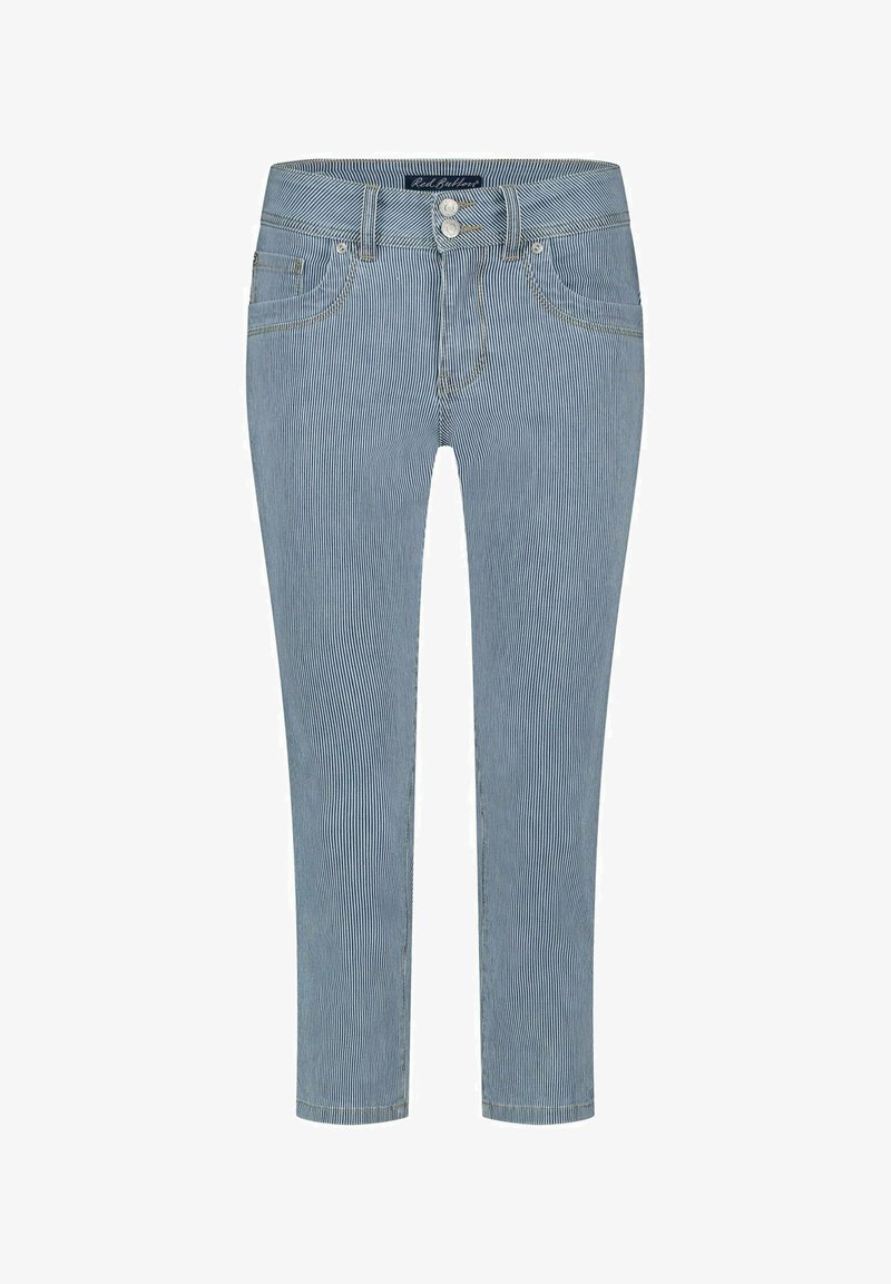 Gestreepte blauwe denim jeans met een slim fit, met twee voorkezen, een knoopsluiting en gestikte details langs de naden.