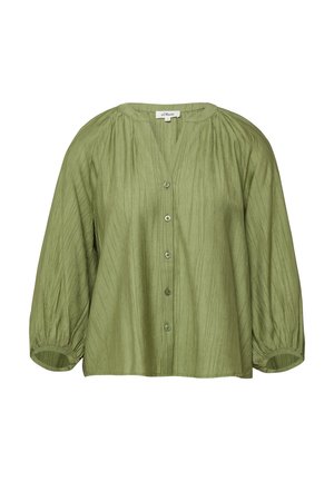 Hellgrüne Langarmbluse aus strukturiertem Stoff, vorn mit Knöpfen, rundem Ausschnitt und elastischen Bündchen an den Ärmeln.