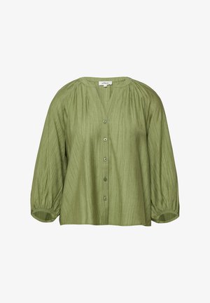 Lichtgroene blouse met lange mouwen van gestructureerde stof, knopen aan de voorkant, ronde halslijn en elastische manchetten aan de mouwen.