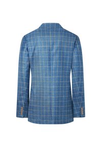 Blazer blu a quadri con un design su misura, caratterizzato da un sottile motivo a tartan, vestibilità slim, revers appuntiti e chiusure a tre bottoni sui polsini.