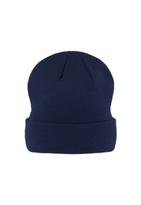Gorro de punto azul marino con un patrón de ribete texturizado y un diseño con vuelta, que presenta un detalle de costura en la parte superior.