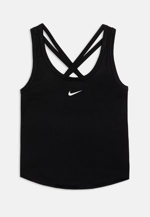 Crna majica bez rukava s okruglim izrezom, s ukrštenim trakama na leđima i malim bijelim Nike logom sprijeda. Glatka tekstura tkanine.