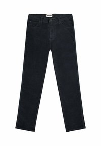Pantalones de pana negros Wrangler con piernas rectas, cierre frontal de botón y cremallera, presillas para cinturón y bolsillos delanteros y traseros.