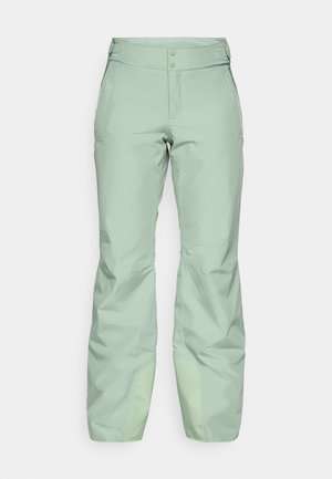 Light green outdoor pants made from a smooth, water-resistant fabric. Features two buttons at the waist and reinforced lower sections.