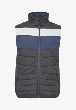 Harmaan hihattoman liivin, jossa on tummansiniset ja valkoiset vaakasuorat raidat. Liivissä on korkea kaulus ja vetoketjulla varustetut sivutaskut. Pehmustettu muotoilu ja tikattu pinta.