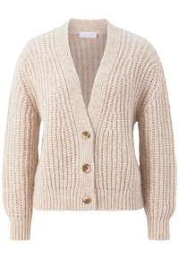 Beżowy sweter z dzianiny z dekoltem w kształcie litery V, z trzema dużymi drewnianymi guzikami, prążkowaną teksturą i szerokimi rękawami.