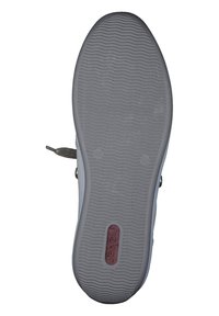 Gray rubber sole with a textured surface, featuring a visible brand logo in maroon and a small metallic accent. Suitable for casual wear.