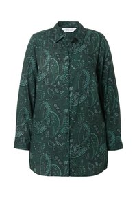 Mörkgrön långärmad skjorta med knappar, dekorerad med teal paisleymönster och blommor samt en spetsig krage.