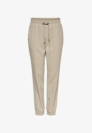 Pantalons de jogging beiges avec une taille élastique et un cordon de serrage ajustable. Ourlets à revers et texture de tissu légère et lisse.