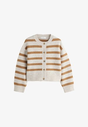 Beżowo-brązowy kardigan na guziki w paski z długimi rękawami oraz ściągaczami na mankietach i dole.