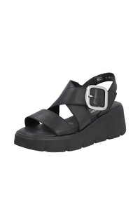 Sandales plateformes en cuir noir avec des sangles croisées et une boucle carrée en argent. Présente une semelle noire épaisse et texturée.