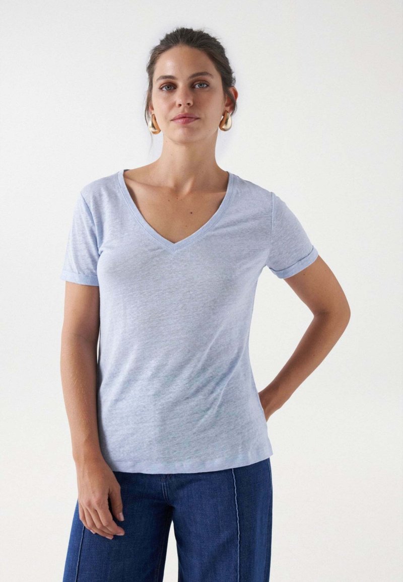 Salsa Jeans LINEN V-NECK - Camiseta básica - blau