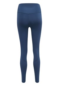 Mörkblå högmidjade sömlösa leggings med kurvad sömdetalj på baksidan och vaderna, designade för träning.