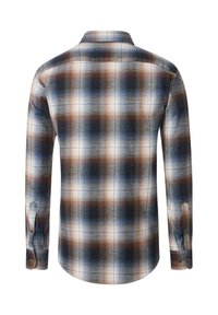 Langarm-Hemd aus kariertem Stoff in Blau-, Braun-, Weiß- und Grautönen. Verfügt über knöpfbare Manschetten, einen klassischen Kragen und eine glatte Stoffoberfläche.