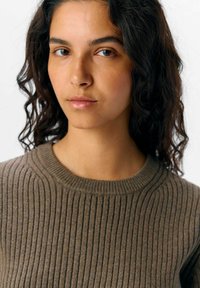 Maglione marrone a costine con scollatura rotonda, realizzato in tessuto morbido. Presenta linee verticali prominenti e una vestibilità rilassata.