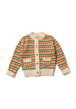 Strickcardigan in Creme mit mehrfarbigem Zickzackmuster. Verfügt über einen gerippten Kragen, Ärmelbündchen und Saum sowie zwei Vordertaschen und eine Knopfverschluss.
