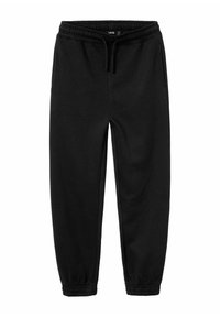 Schwarze Sweatpants aus weichem Stoff mit einem elastischen Bund, Kordelzug und schmal zulaufenden Bündchen. Keine sichtbaren Taschen.