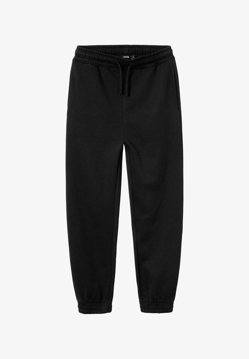 Schwarze Sweatpants aus weichem Stoff mit einem elastischen Bund, Kordelzug und schmal zulaufenden Bündchen. Keine sichtbaren Taschen.