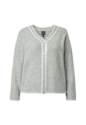 Grauer Cardigan aus weichem Stoff mit V-Ausschnitt, weißem Rand und fünf hellgrauen Knöpfen vorne. Lange Ärmel mit lockerem Schnitt.