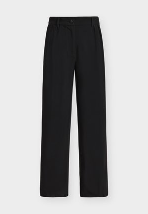 Schwarze Hose mit weitem Bein aus glattem Stoff, mit Knopfverschluss, vorderen Falten und einem eleganten, maßgeschneiderten Design.