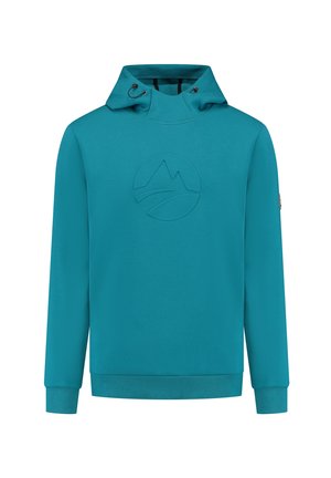 Teal hoodie van zachte stof met een kangoeroezak, een capuchon met trekkoord, en een gegraveerd berglogo op de voorkant.