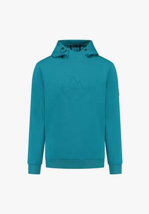 Teal hoodie van zachte stof met een kangoeroezak, een capuchon met trekkoord, en een gegraveerd berglogo op de voorkant.