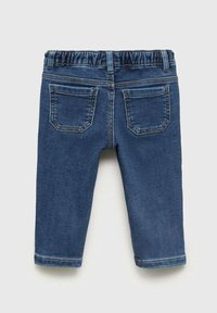 Modré džínové kalhoty s elastickým pasem, dvěma zadními kapsami a rovnými nohavicemi s viditelným švem. Bez předních kapes.