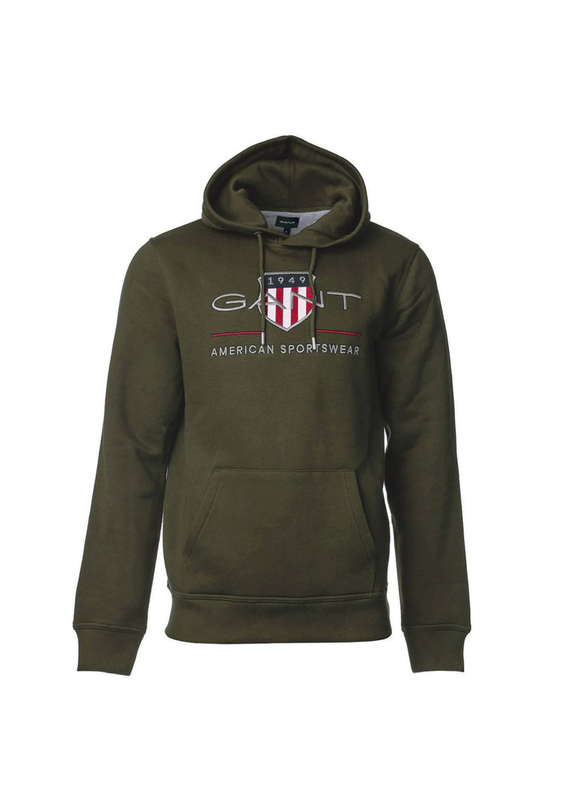 Felpa con cappuccio verde oliva, in misto cotone, con tasca frontale, logo ricamato con design a scudo in rosso e bianco, polsini e orlo a costine.