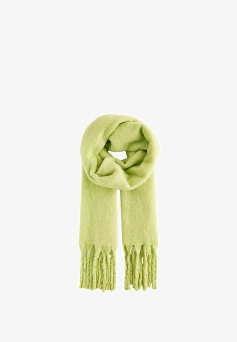 Sciarpa di lana verde con una texture morbida, caratterizzata da estremità frangiate e un design ad anello per calore e stile.