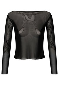 Schwarzes, transparentes Langarmoberteil mit boxy Silhouette, weitem Ausschnitt und glattem, leichtem Stoff. Keine sichtbaren Beschläge oder Muster.