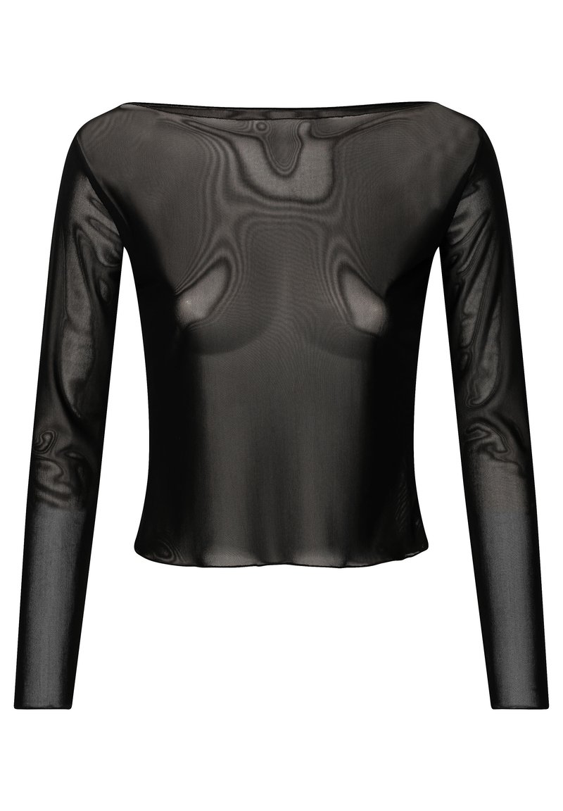 Schwarzes, transparentes Langarmoberteil mit boxy Silhouette, weitem Ausschnitt und glattem, leichtem Stoff. Keine sichtbaren Beschläge oder Muster.