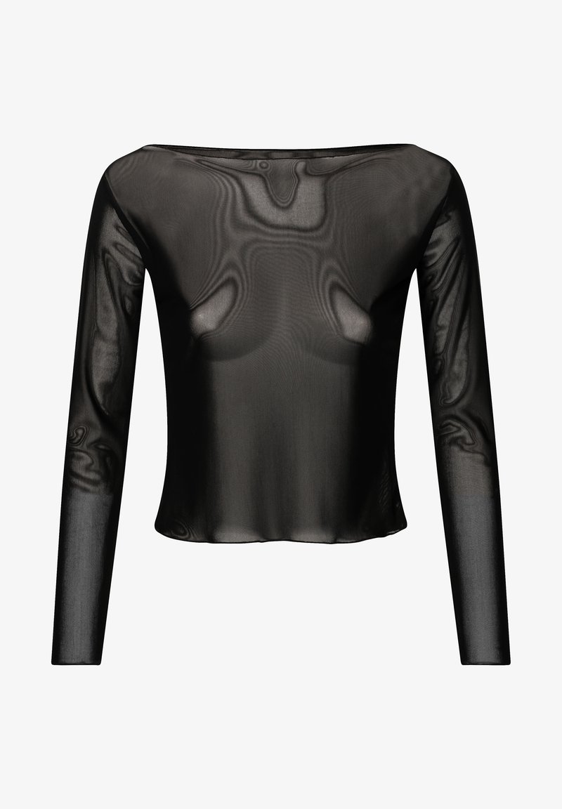 Schwarzes, transparentes Langarmoberteil mit boxy Silhouette, weitem Ausschnitt und glattem, leichtem Stoff. Keine sichtbaren Beschläge oder Muster.