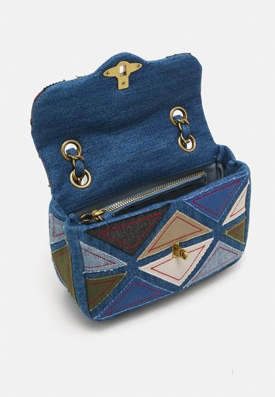 Denim handbag with geometric embroidery in blue, red, green, and beige; gold-tone hardware; magnetic closure; zipper pocket inside.