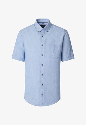 Chemise bleu clair à manches courtes avec boutons, col boutonné et poche poitrine, présentée sur fond blanc.