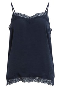 Marinblå camisole med spetskant vid halsringning och nederkant, med tunna justerbara axelband och en lös passform.